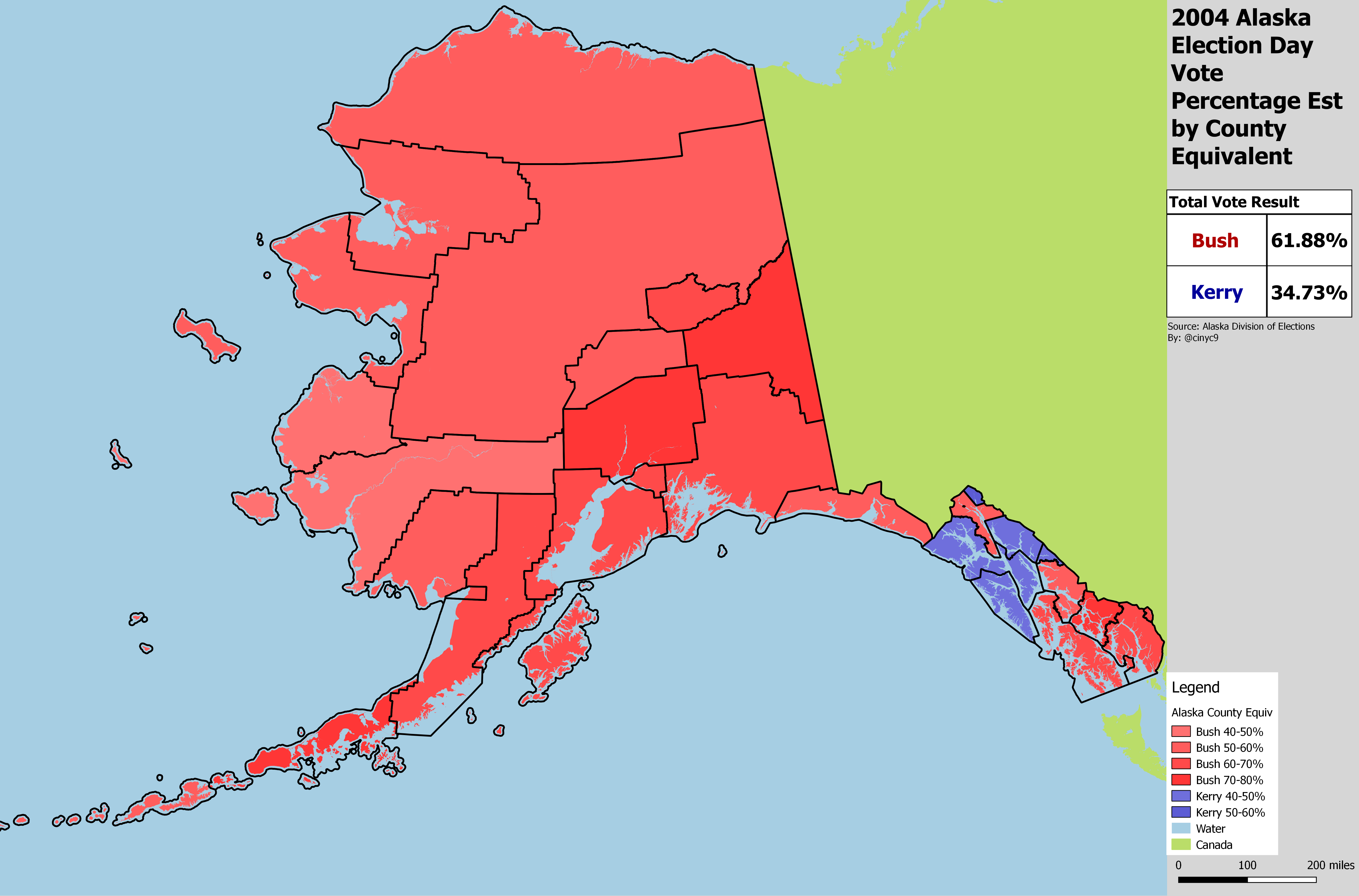 Alaska 2004 Election Day Presidential Results by County Map