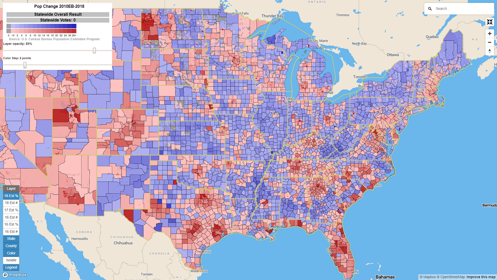 Interactive map of the population change in US incorporated places and county remainders