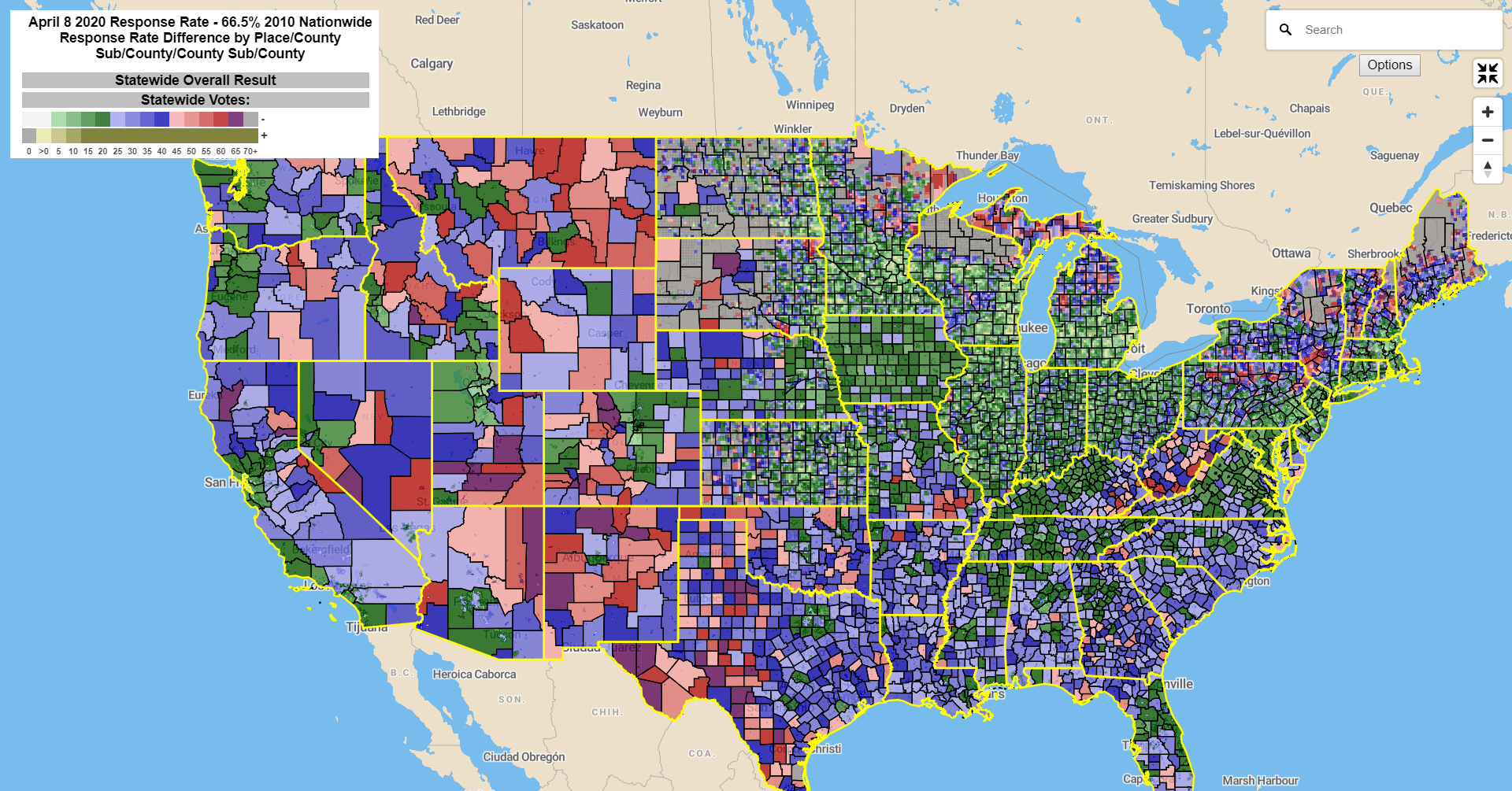 Interactive map of 2020 vs 2010 U.S. Census Response Rates